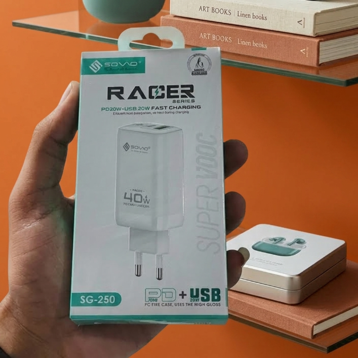 SOVO Racer Series SG-250 40W Dual Port Fast Charger | USB-A + USB-C PD Wall Adapter